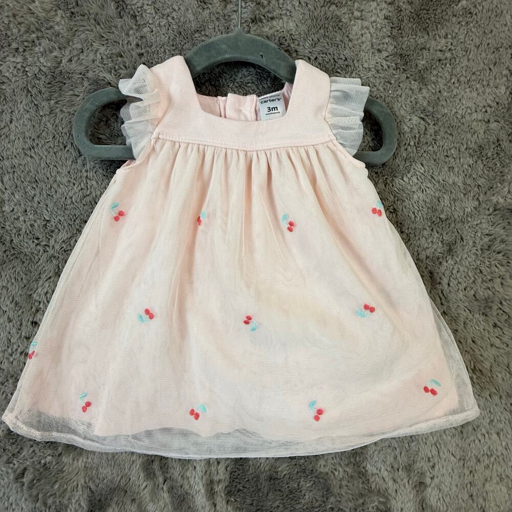 NWT Carter's Baby Girl Dress 3 Months Blush Pink Tulle Cherry Print Babydoll